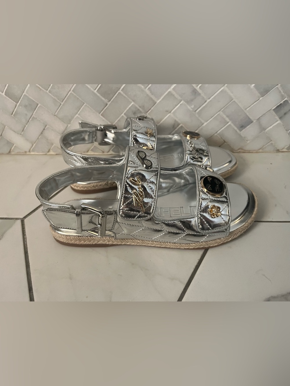 Karl Lagerfeld Metallic Silver Quilted Strap Sandals with Charms